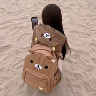 轻松熊高颜值双肩包日系可爱帆布棕色刺绣熊百搭学生软妹超萌书包