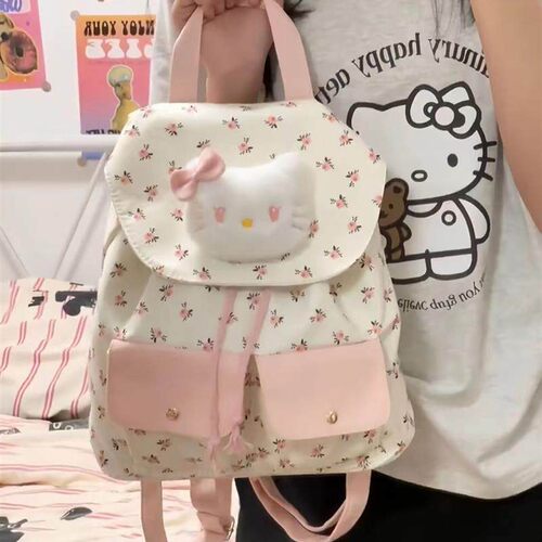 碎花帆布包高颜值可爱kt猫双肩小众上课背包大容量helloKitty书包
