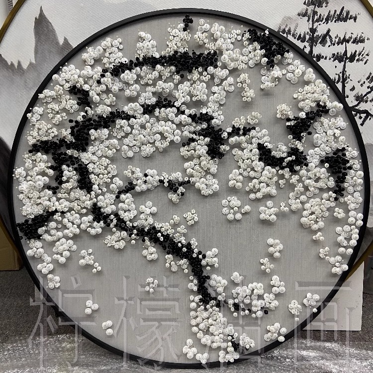 新中式轻奢样板房钮扣立体3D实物画卧室背景墙壁画玄关圆形装饰画图片