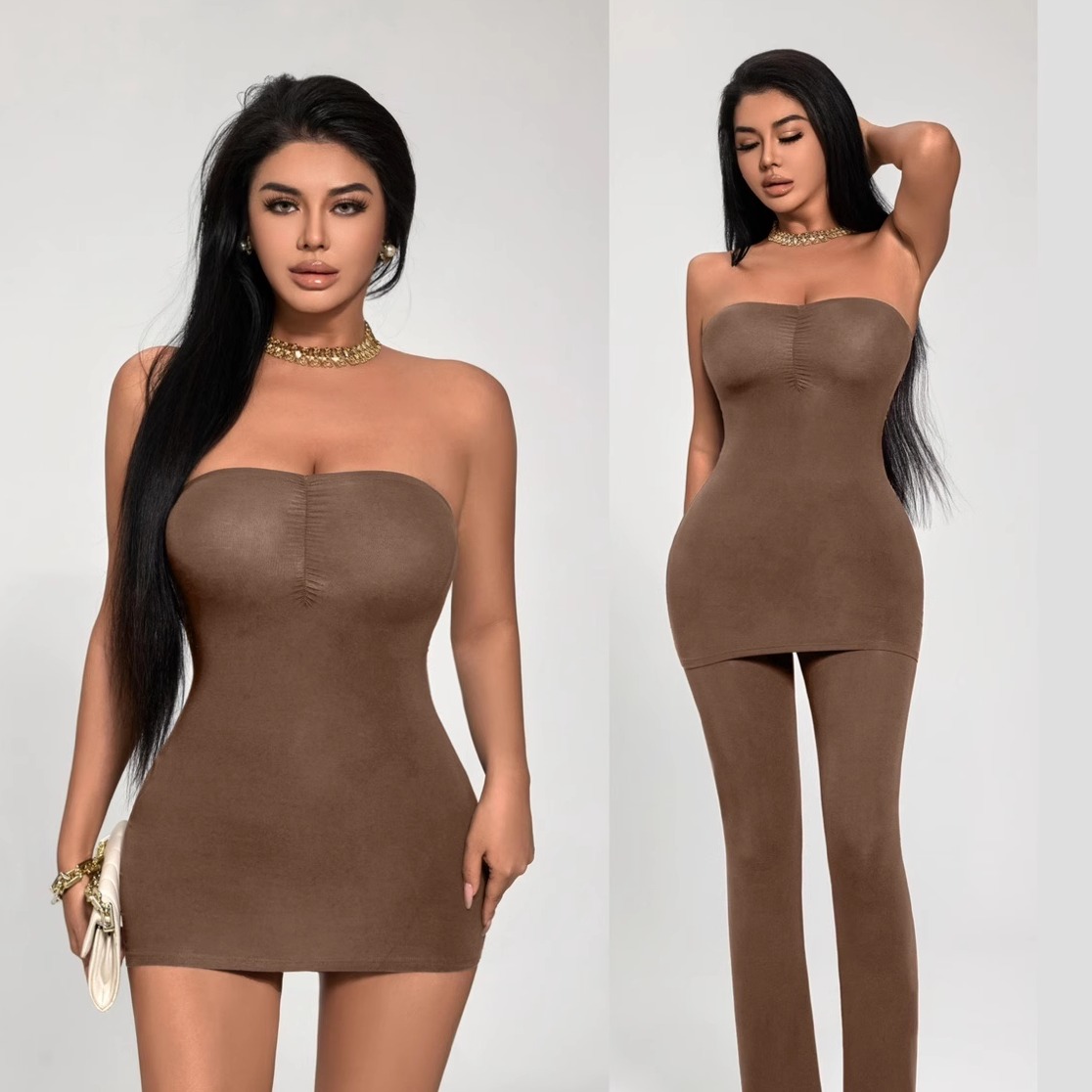 LAPINKY【曲线魅力】欧美轻薄柔软贴肤显身材抹胸高腰长裤两件套