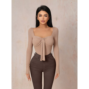 LAPINKY【伯利兹】欧美辣妹长袖T恤带胸垫修身方领蝴蝶结短款打底