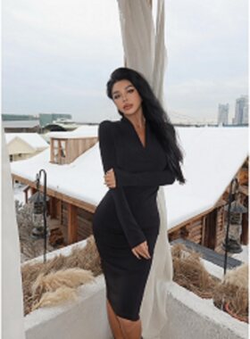 欧美气质V领长袖连衣裙
