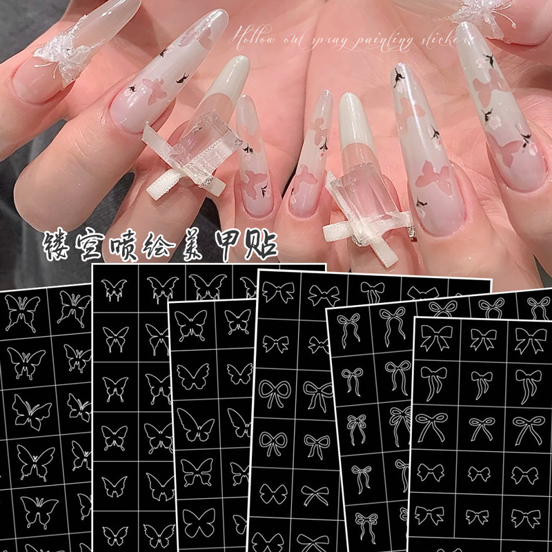 镂空蝴蝶结美甲贴纸2025新款拍拍胶晕染喷绘模板蝴蝶辅助指甲贴花