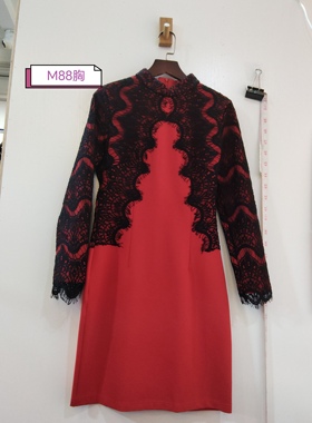 红色蕾丝立领旗袍收腰长袖面连衣裙 咨询库存下单 88胸