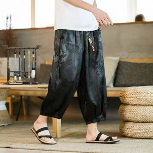 夏季 中国风阔腿7分宽松裤 薄款 男冰丝短裤 子 格子七分裤 加肥特大码