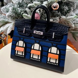 小房子拼色进口掌纹牛皮手提包女时尚鳄鱼皮凯莉包铂金包手工蜡线