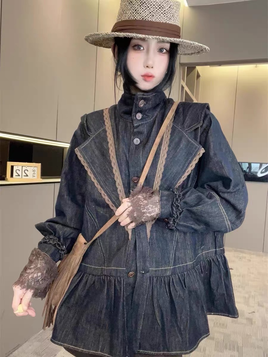 欧洲站2025秋季新款蕾丝手袖拼接立领宽松洋气时尚欧货牛仔外套