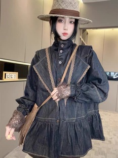 拼接立领宽松洋气时尚 蕾丝手袖 欧货牛仔外套 新款 欧洲站2025秋季