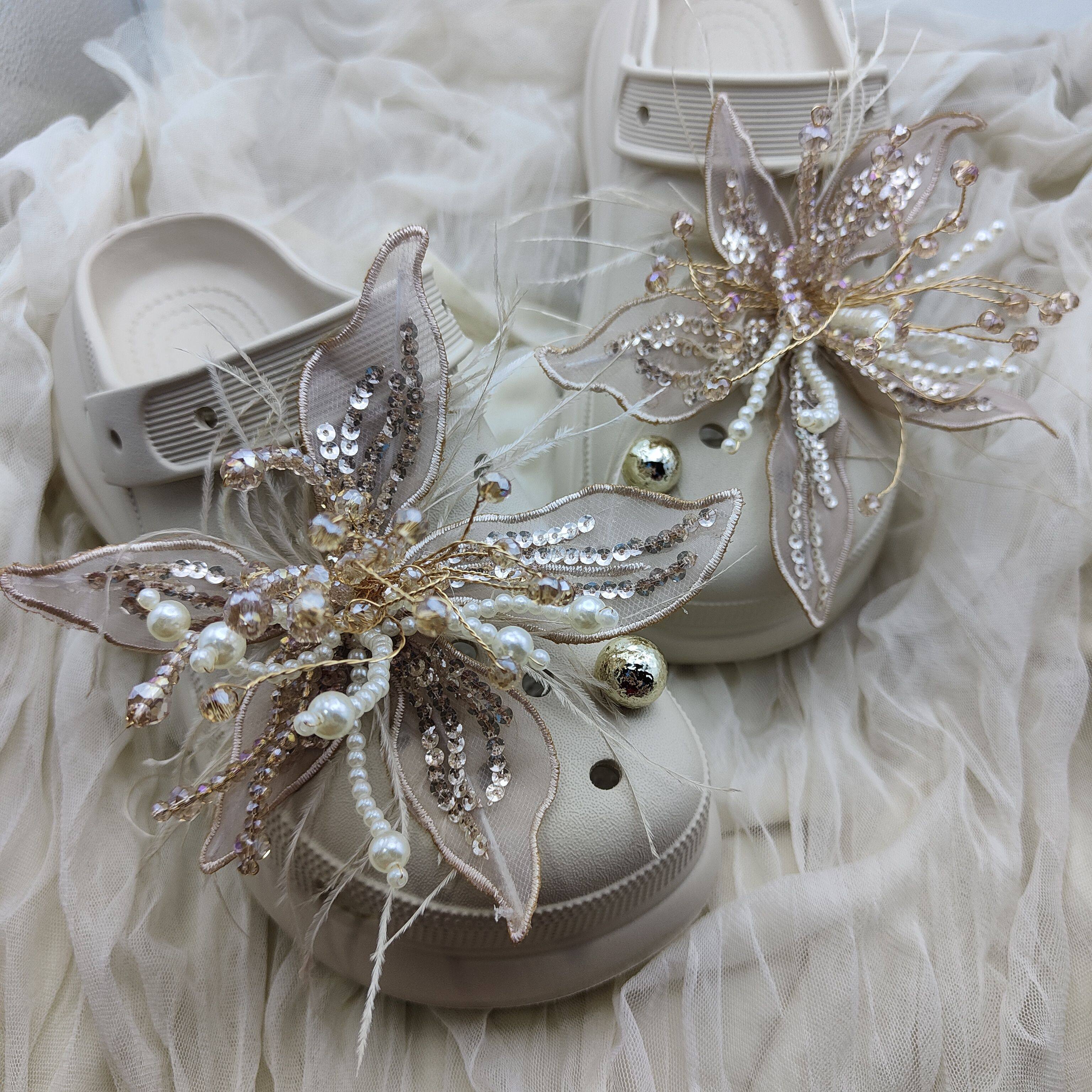 【百合花作】适配crocs卡骆驰洞洞鞋手工花水晶珍珠鞋花鞋扣DIY