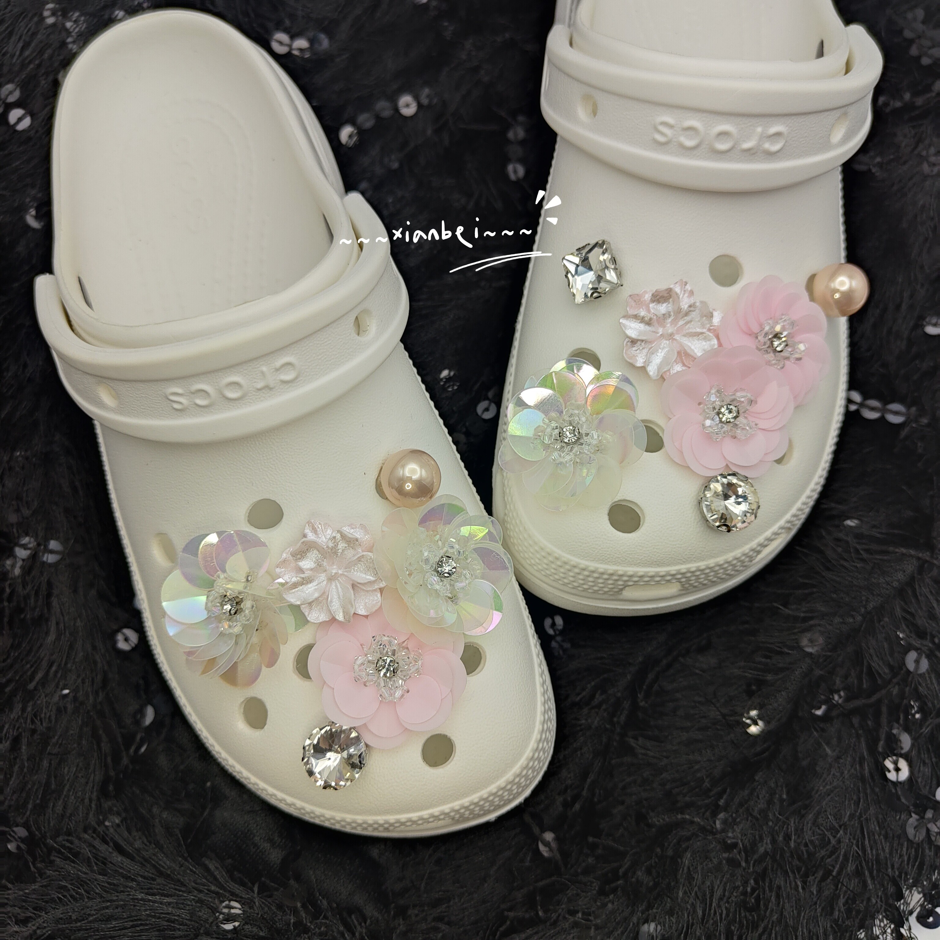 粉黛佳人~重工亮片花朵水晶钻石适配crocs白色洞洞鞋装饰鞋花
