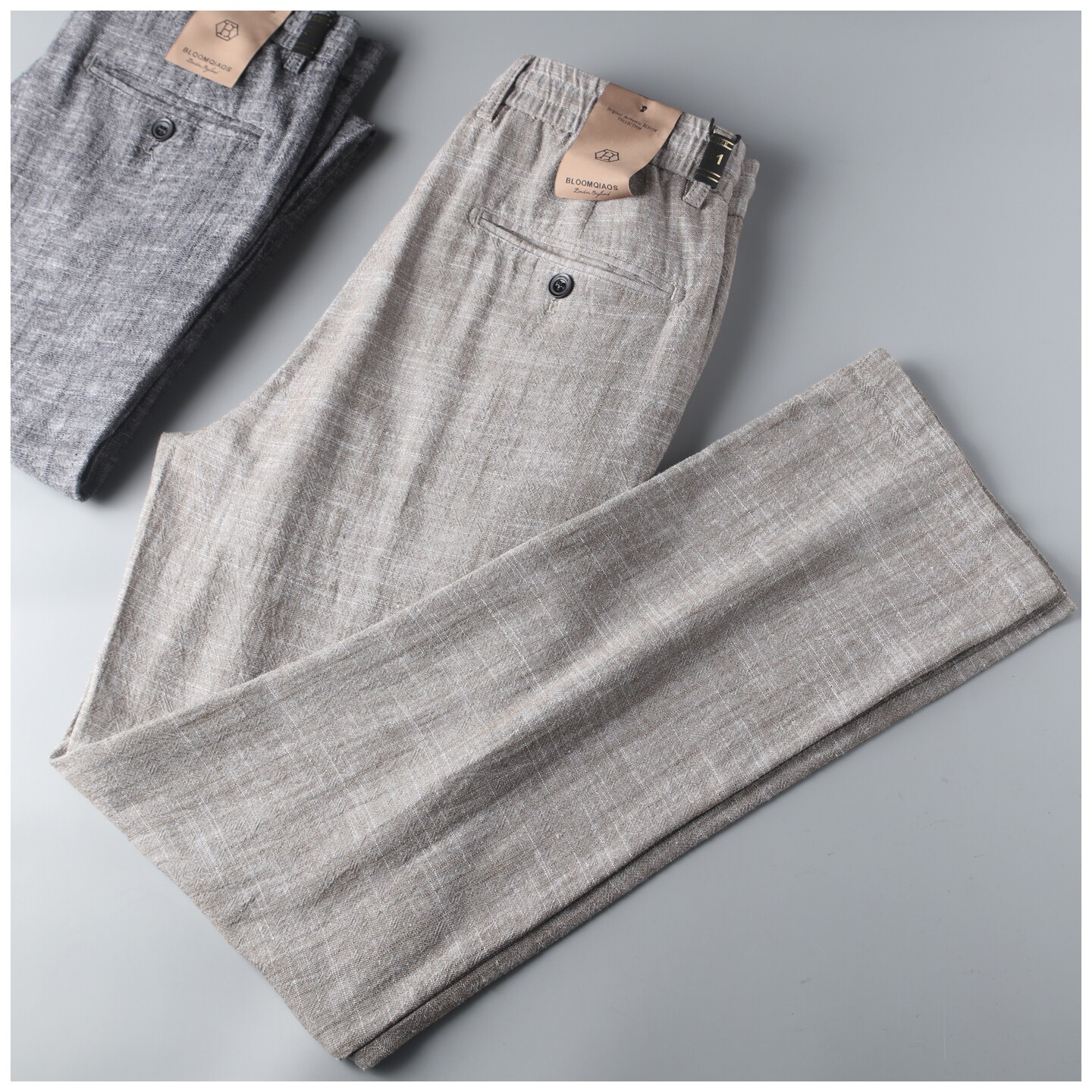 夏季薄款男士老钱风松紧腰围亚麻休闲裤无弹宽松直筒柔软舒适长裤