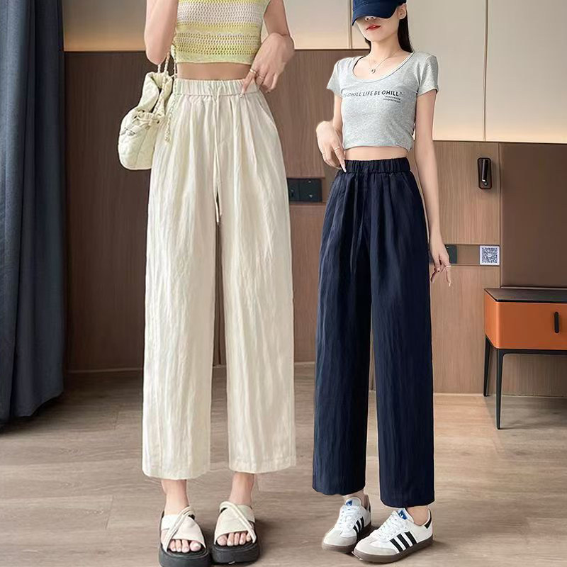 天丝窄版阔腿裤女夏季薄款休闲宽松冰丝亚麻八分裤女直筒九分裤子