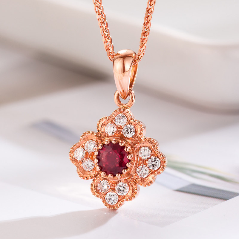 一生如意带证书天然红宝石吊坠玫瑰金18K彩金Au750钻石项坠颈饰女