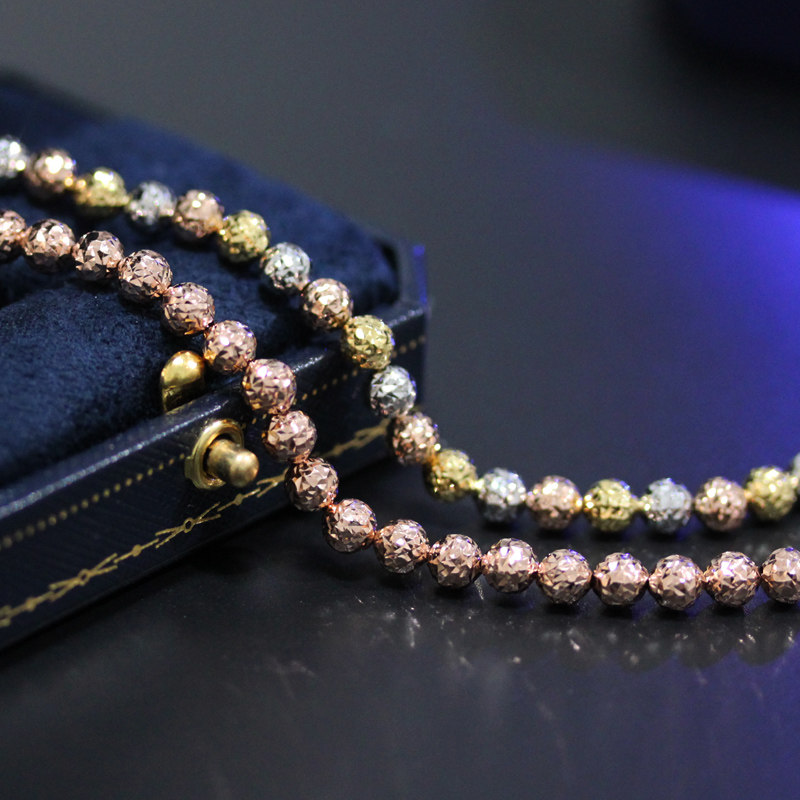 妙曼车花闪珠18K金手链白金黄金三色彩金Au750玫瑰金圆珠手镯手饰