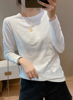 2025秋季新款竹节棉长袖t恤女白色韩版宽松内搭上衣薄款打底衫ins