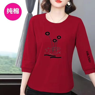 100纯棉t恤女夏季2023新款七分袖圆领减龄休闲户外运动上衣体恤衫