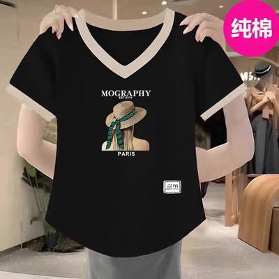 纯棉v领印花短袖打底衫女2025夏季新款宽松百搭显瘦时尚t恤上衣潮