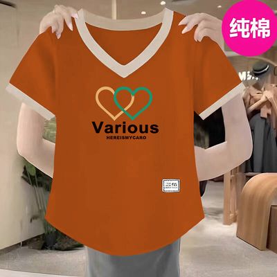 100纯棉百搭v领短袖T恤女2025夏季设计感拼接时尚印花打底衫上衣