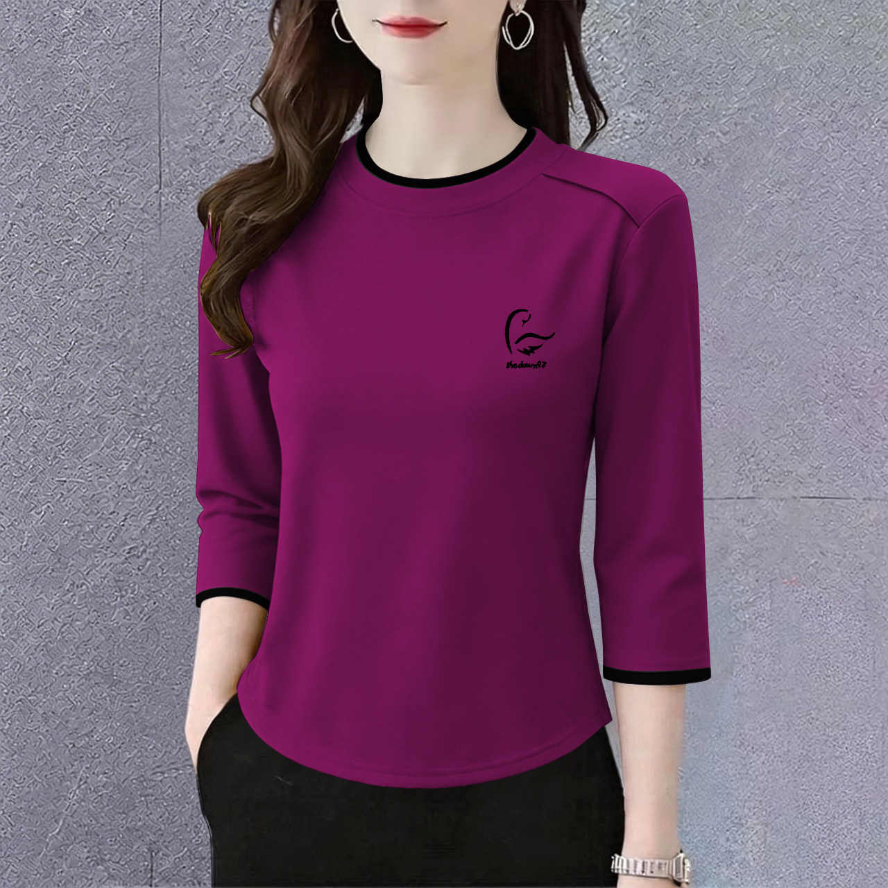 春秋时尚洋气新款字母印花t恤七分袖减龄遮肚休闲大码韩版百搭