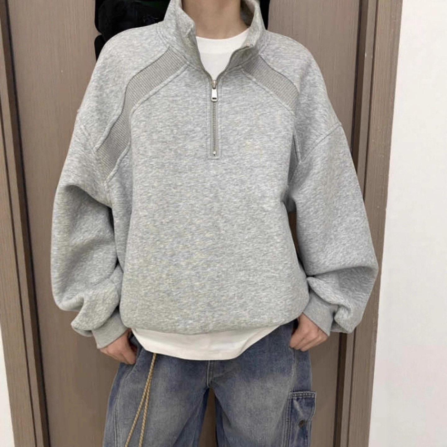 美式拼接半拉链立领套头卫衣男女款秋季新款街头潮流休闲情侣上衣