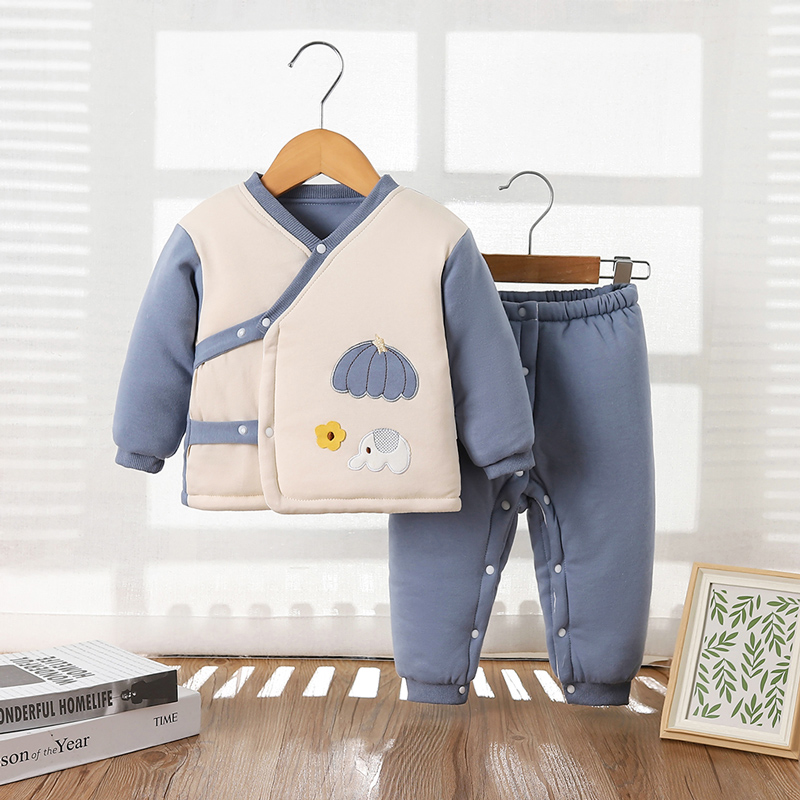 冬季新生儿婴儿棉衣套装纯棉宝宝秋冬装棉服两件套棉裤按扣可开裆