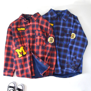 男童格子复合一体绒长袖翻领衬衫儿童深秋初冬薄绒宽松衬衣外套
