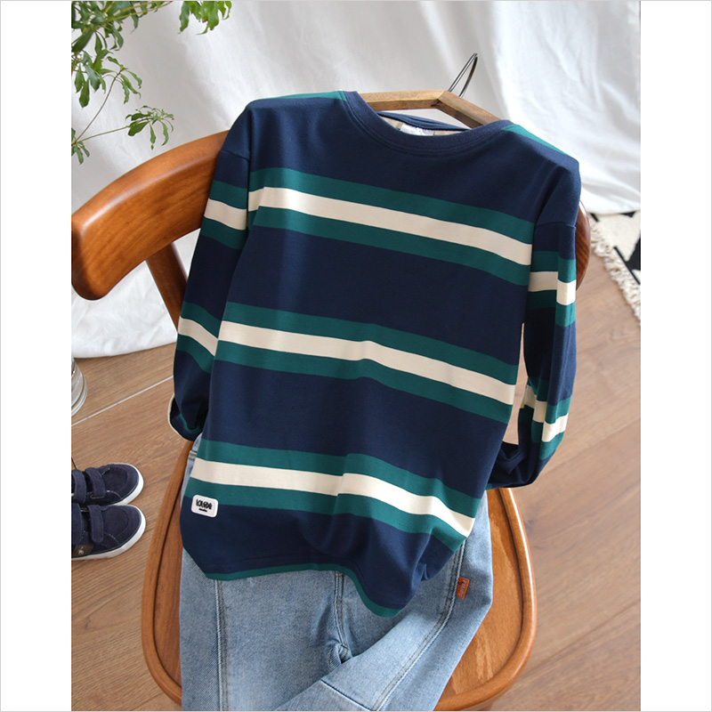 气质条纹学生欧美风圆领长袖t恤