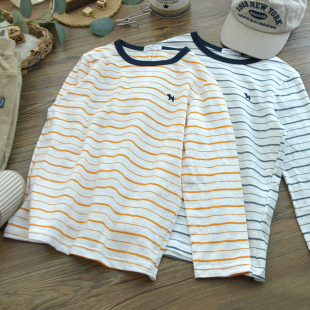 亲肤竹节棉~儿童春秋薄款全棉圆领条纹长袖t恤中大男童打底衫上衣