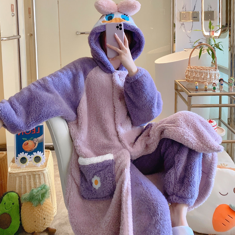 3珊瑚绒睡衣女2022年秋冬款加绒加厚浴袍长款法兰绒睡袍家居服套装