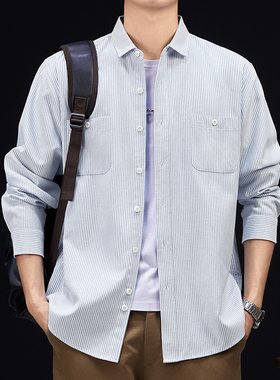 浅灰色直条纹男士衬衫长袖春秋季薄款宽松半外套双口袋外套衬衣土