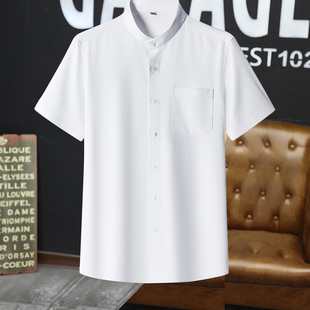 立领衬衫男士短袖夏季薄款冰丝村子弹力有口袋雪纺无圆领衬衣半袖