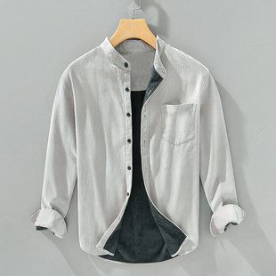 小立领男士衬衫长袖冬季一体绒保暖加绒加厚带绒改良中式圆领衬衣
