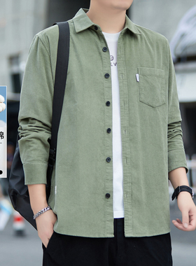 豆绿色男士衬衫长袖冬季灯芯绒纯棉宽松版2025新款衬衣高级感大码