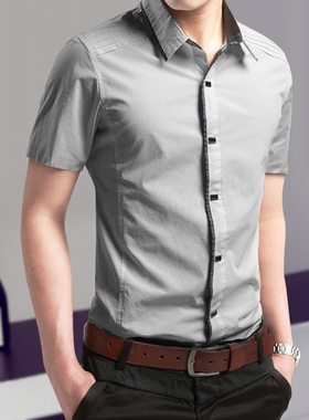 夏季纯棉灰色衬衫男短袖修身薄款全棉忖衫半袖铁扣暗扣休闲衬衣土