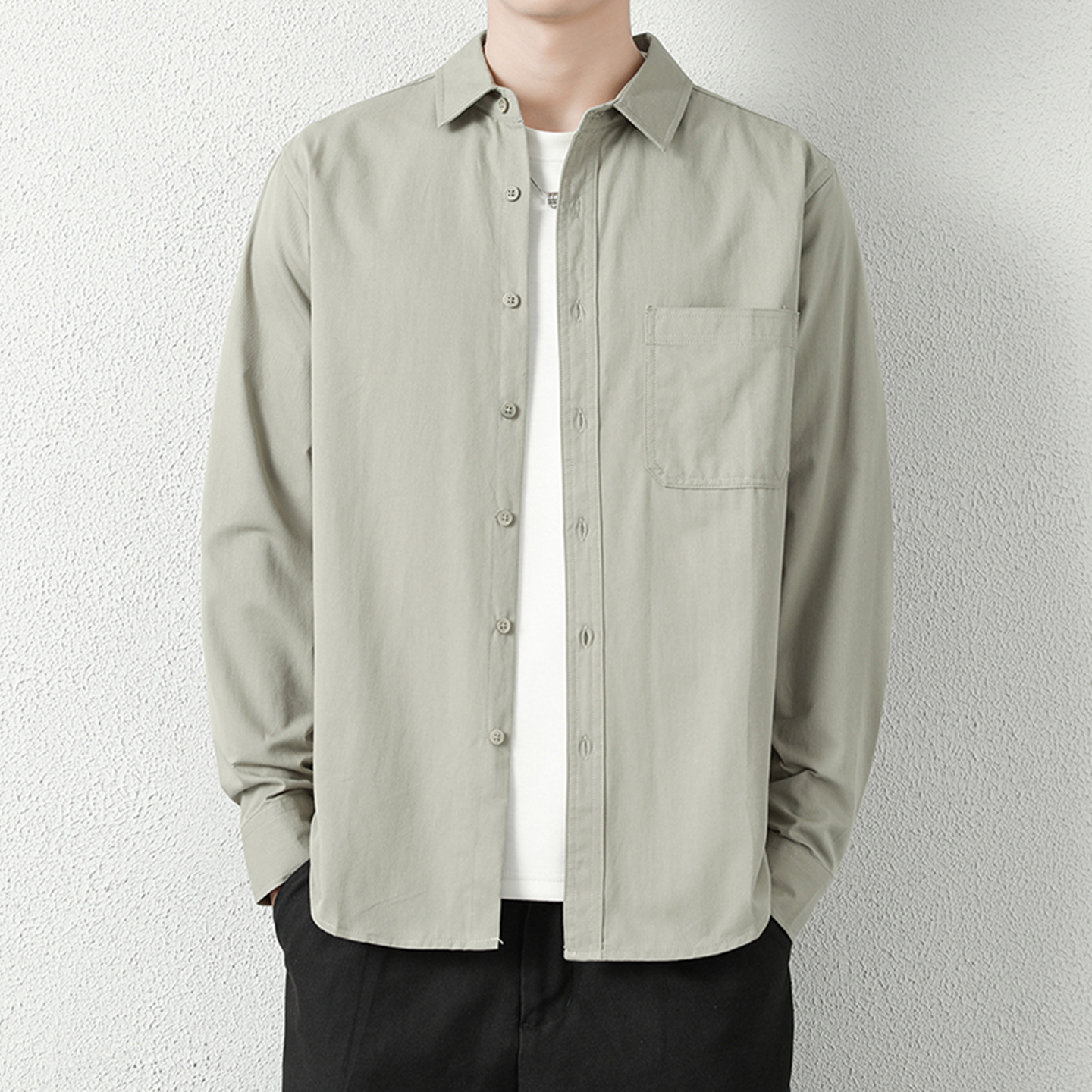 豆绿色男士衬衫长袖春秋季