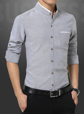 高级灰色小立领男士衬衫长袖春秋天撞色拼接圆领村子大码无领衬衣