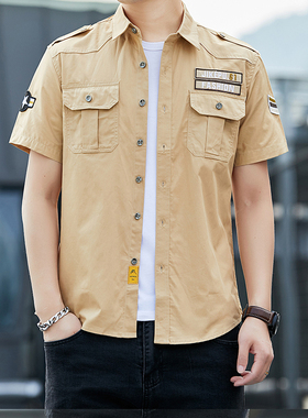军绿色男士衬衫短袖夏季薄款胖子大肚子大码称衫纯棉刺绣工装衬衣