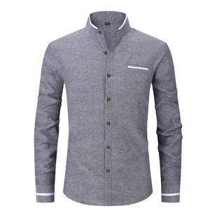 衬衫 圆领无领高档中山装 男士 中国风男装 衬衣青年 春秋季 小立领长袖