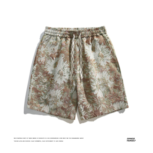 潮流 满印油画扎染中海边五分夏威夷绿休闲沙滩裤 男短裤 夏外穿薄款