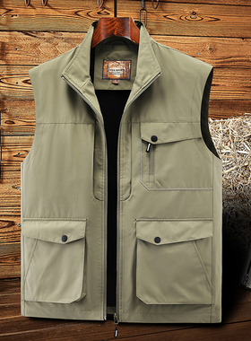 军绿色男士马甲户外外套春秋季薄款多口袋多兜无袖马夹背心超大码