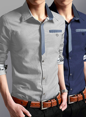 浅灰色衬衫男长袖按扣拼色春秋季村子外穿大码潮胖子200斤衬衣土