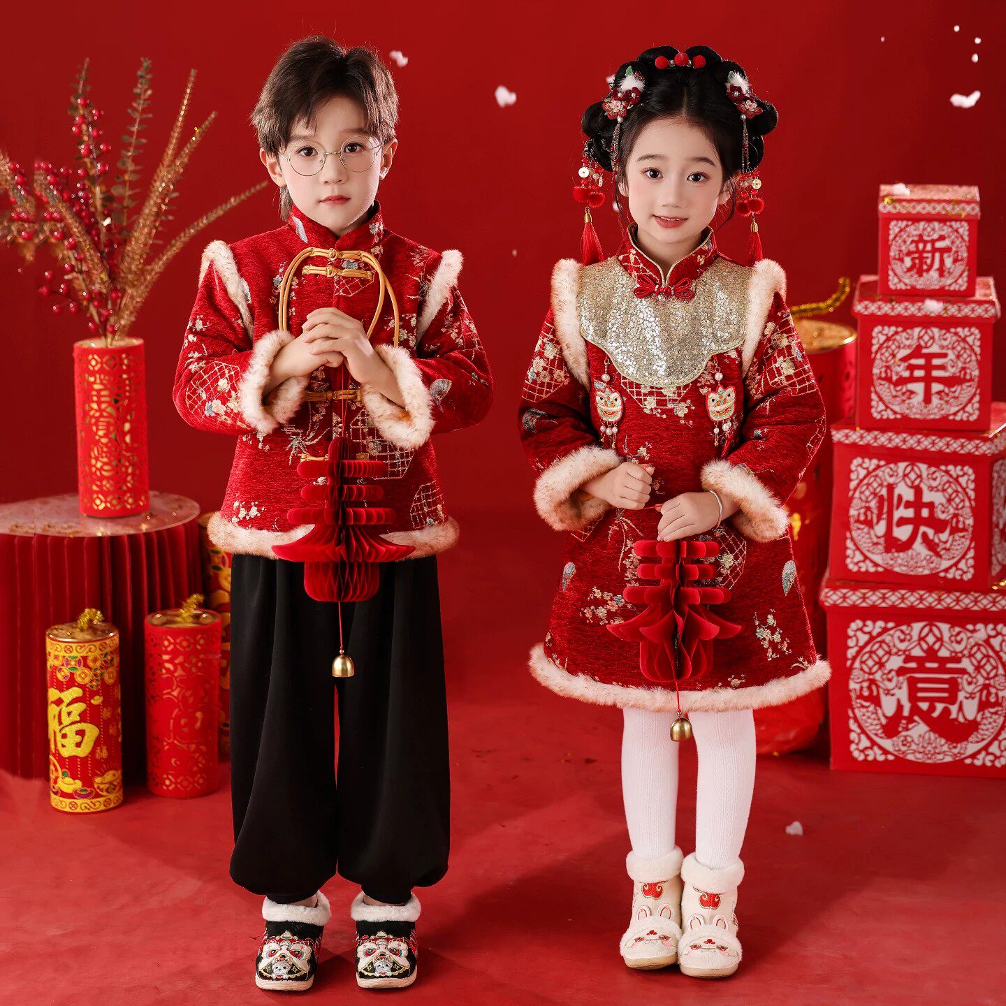 元旦儿童演出服中国风拜年服男女童红色加绒加厚新年喜庆表演服