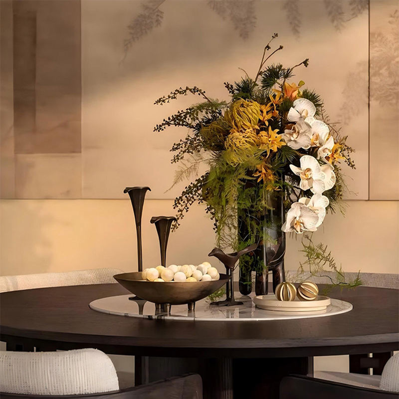 新中式餐桌摆件装饰花艺组合中古风样板房果盘烛台展厅餐厅软装