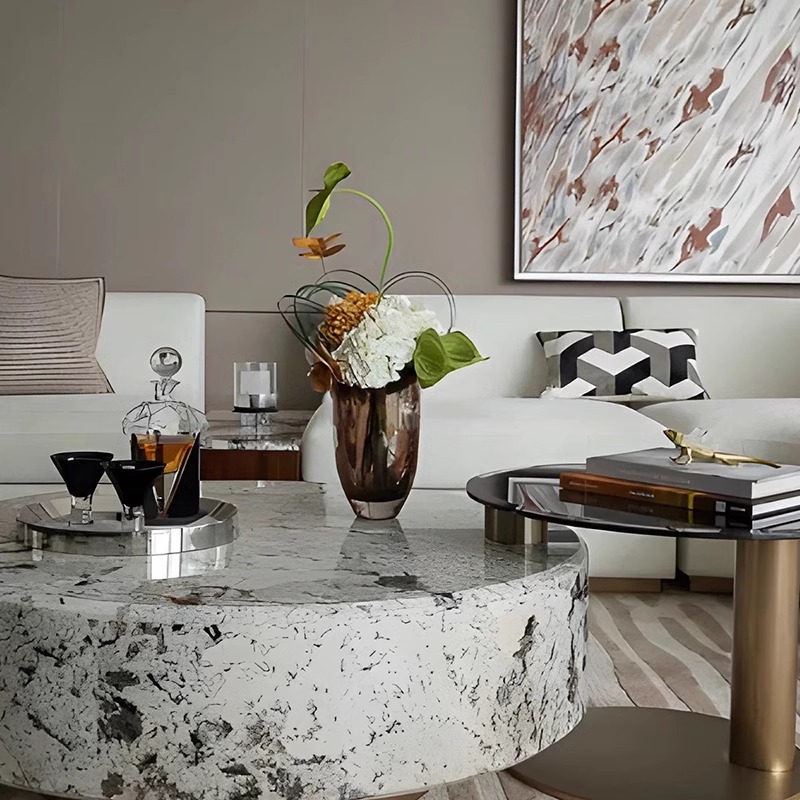 轻奢样板间大厅客厅茶几桌面摆件琥珀玻璃花瓶酒具圆托盘装饰品