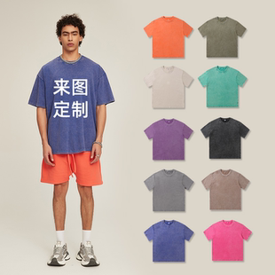 260克水洗复古做旧T恤定制雪花欧美潮牌宽松落肩印logo工作服班服