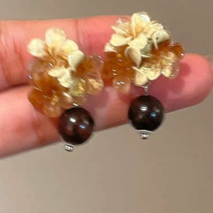 新复古晕染花朵耳环女秋冬高级感木质耳钉时尚 港风氛围感耳饰