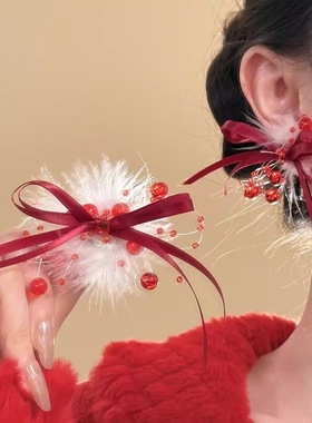 锦绣华章~新年毛绒缎带蝴蝶结红色耳环女秋冬氛围感耳钉气质耳饰