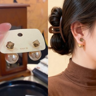 多戴珠珠方糖耳钉设计气质轻奢女精致耳饰 香槟色一款 新款 法式