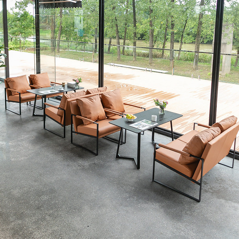 网红咖啡店沙发桌椅组合奶茶店书吧清吧餐厅沙发洽谈休闲皮椅商用