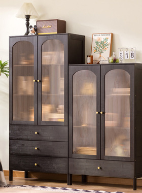 黑色中古玻璃餐边柜酒柜展示置物靠墙家用客厅窄立柜电视柜旁书柜